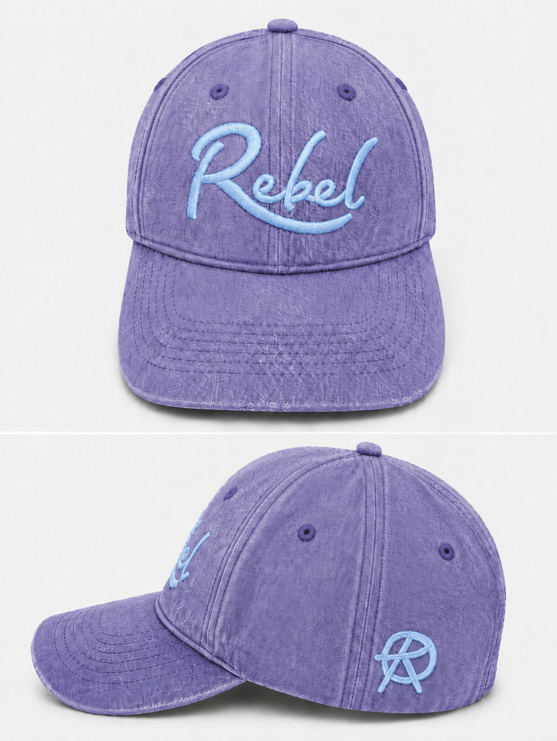 A purple washed cotton baseball cap shown from the front and side angles against a light gray background. The front features the word 'Rebel' embroidered in light blue script, and the side displays a small Anarchy inspired embroidered 'R' logo.