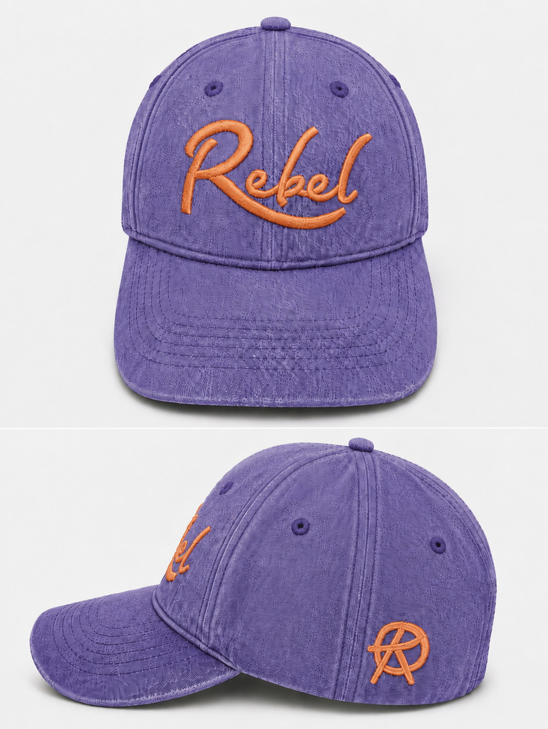 A purple washed cotton baseball cap shown from the front and side angles against a light gray background. The front features the word 'Rebel' embroidered in orange script, and the side displays a small Anarchy inspired embroidered 'R' logo.