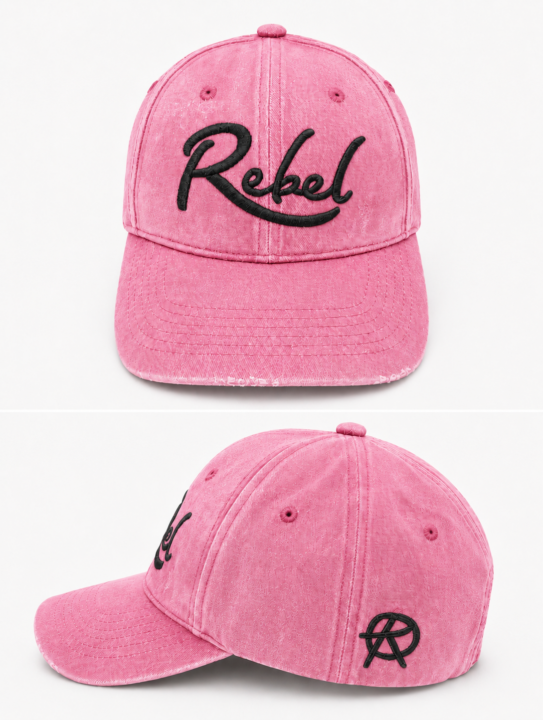 A pink washed cotton baseball cap shown from the front and side angles against a light gray background. The front features the word 'Rebel' embroidered in black script, and the side displays a small Anarchy inspired embroidered 'R' logo.
