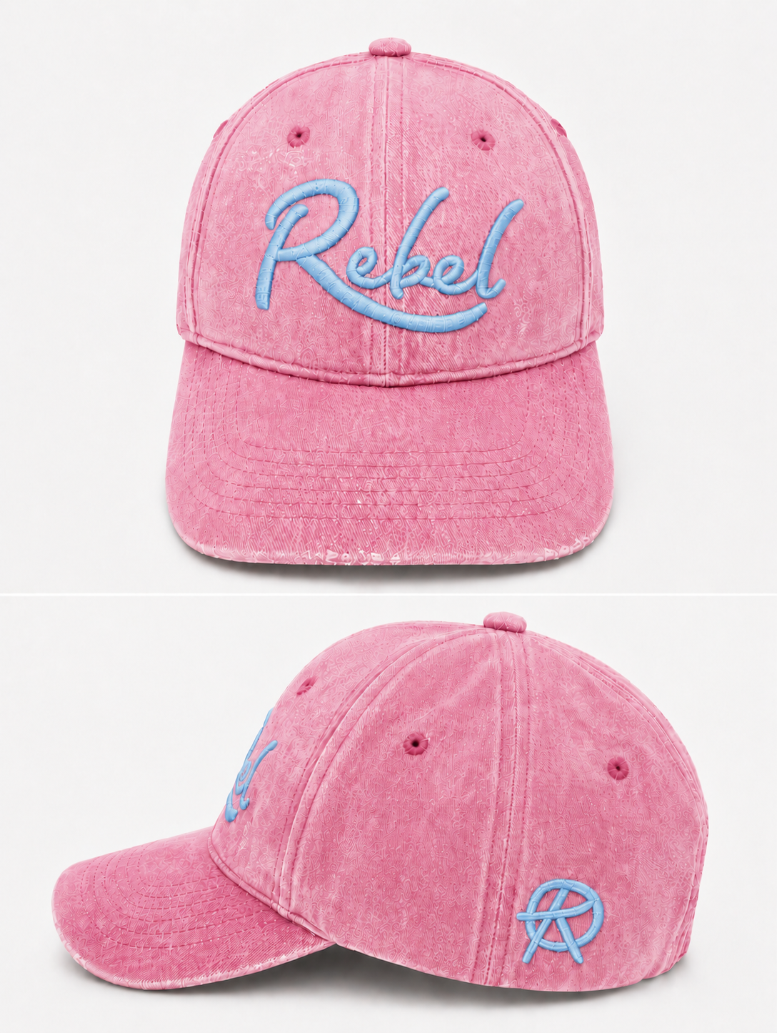 A pink washed cotton baseball cap shown from the front and side angles against a light gray background. The front features the word 'Rebel' embroidered in light blue script, and the side displays a small Anarchy inspired embroidered 'R' logo.