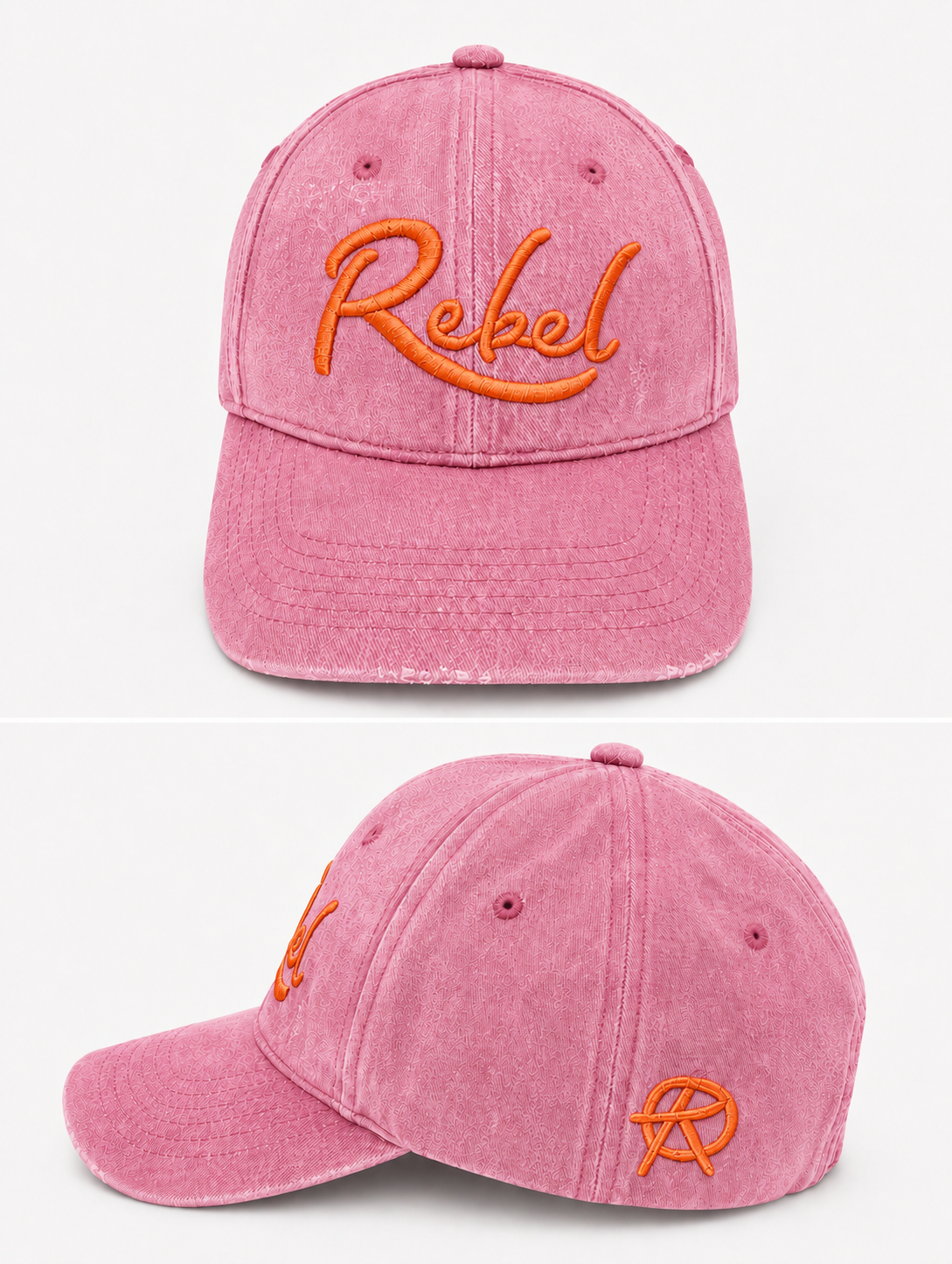 A pink washed cotton baseball cap shown from the front and side angles against a light gray background. The front features the word 'Rebel' embroidered in orange script, and the side displays a small Anarchy inspired embroidered 'R' logo.