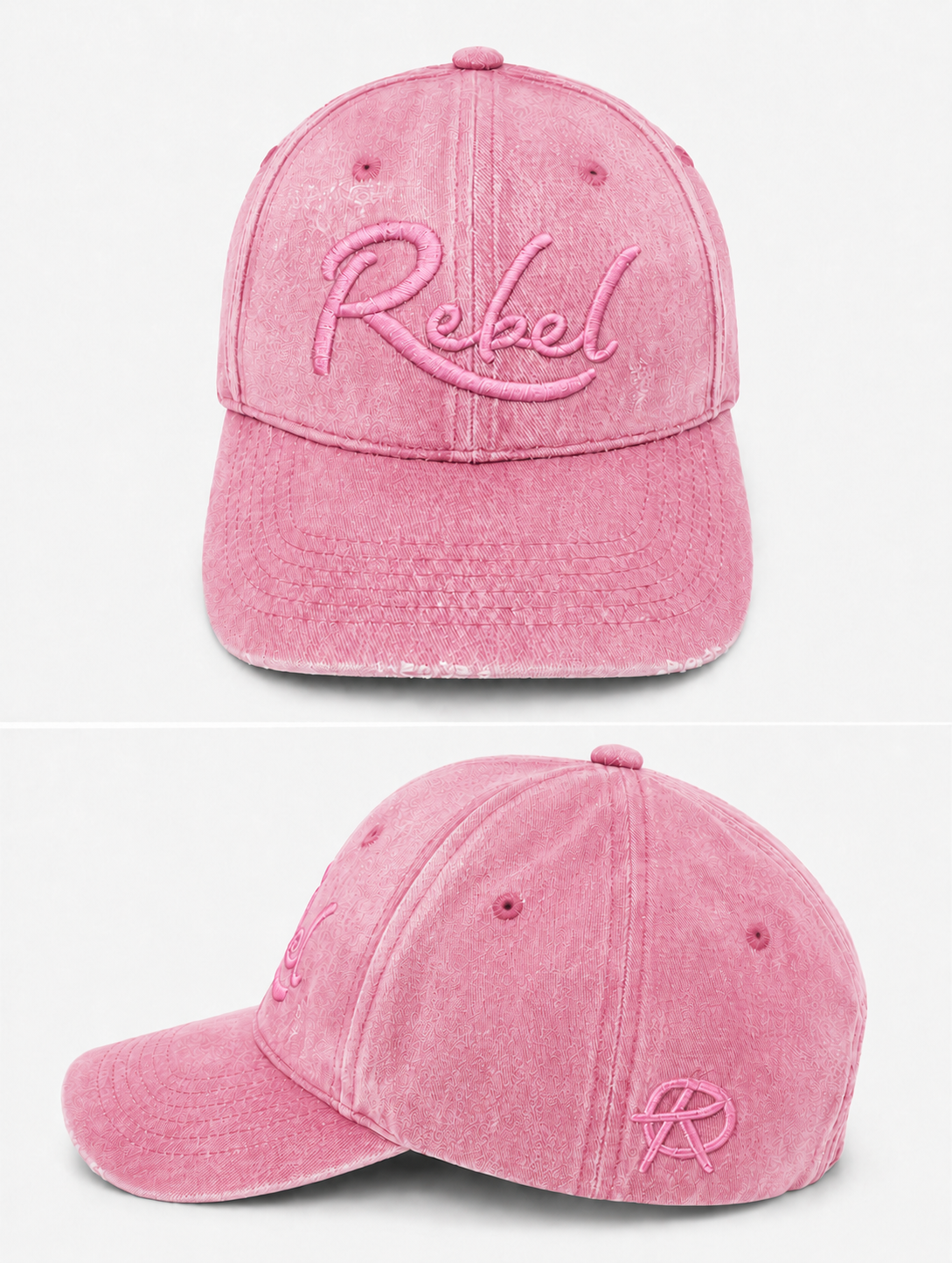 A pink washed cotton baseball cap shown from the front and side angles against a light gray background. The front features the word 'Rebel' embroidered in pink script, and the side displays a small Anarchy inspired embroidered 'R' logo.