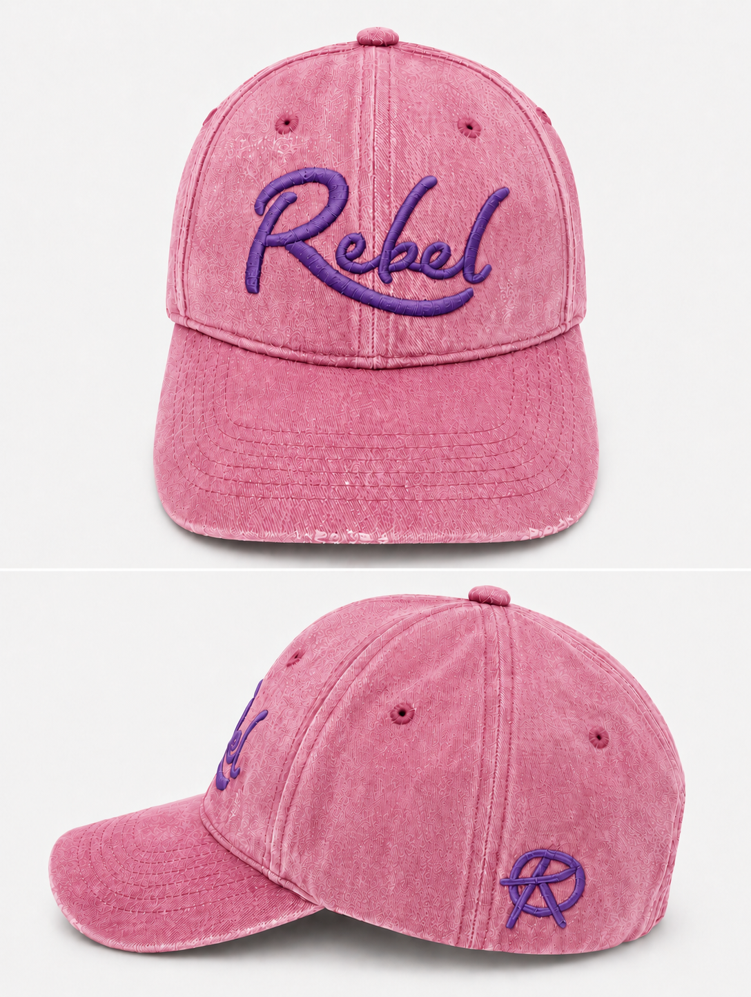 A pink washed cotton baseball cap shown from the front and side angles against a light gray background. The front features the word 'Rebel' embroidered in purple script, and the side displays a small Anarchy inspired embroidered 'R' logo.