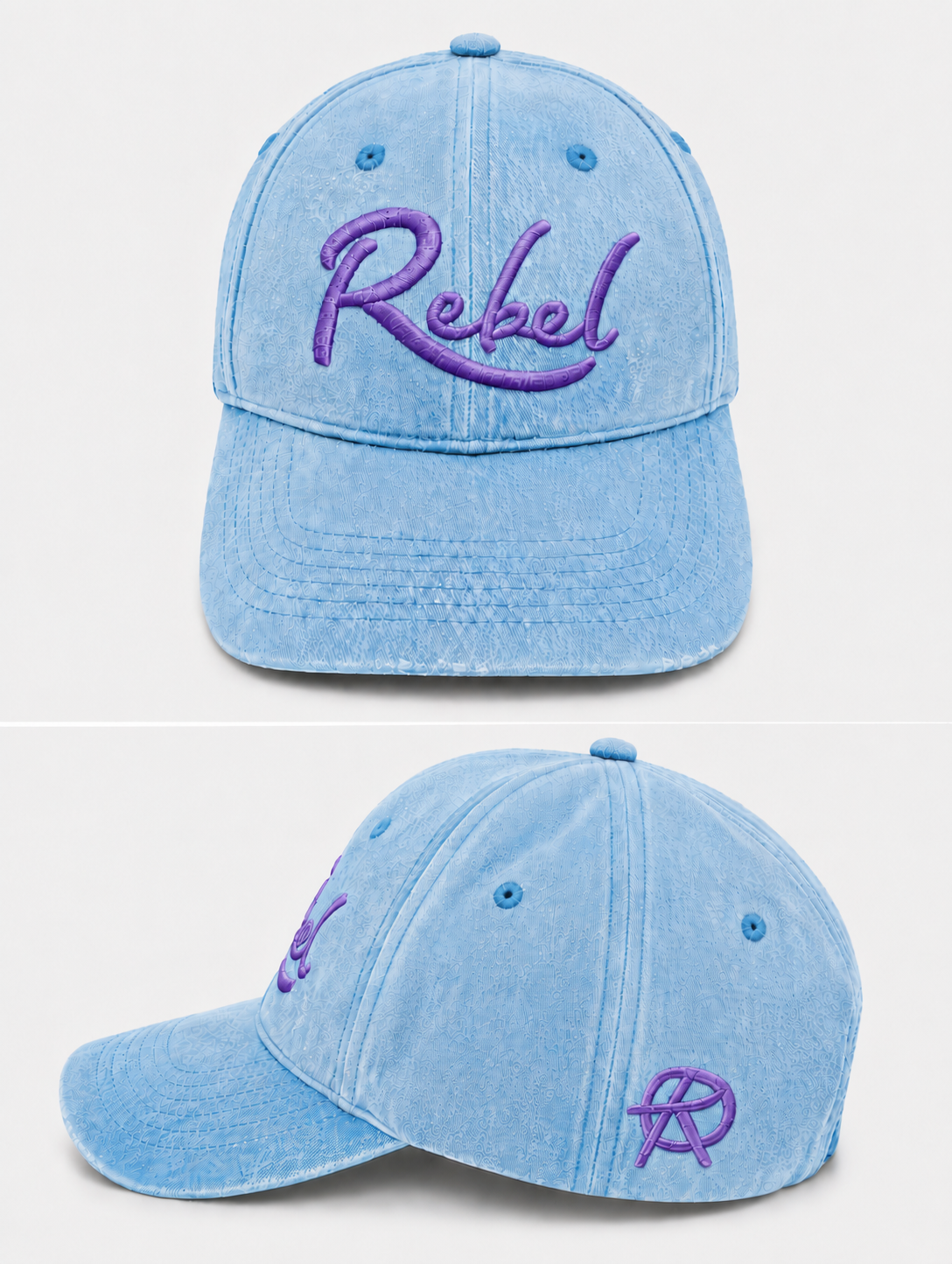 A light blue washed cotton baseball cap shown from the front and side angles against a light gray background. The front features the word 'Rebel' embroidered in purple script, and the side displays a small Anarchy inspired embroidered 'R' logo.