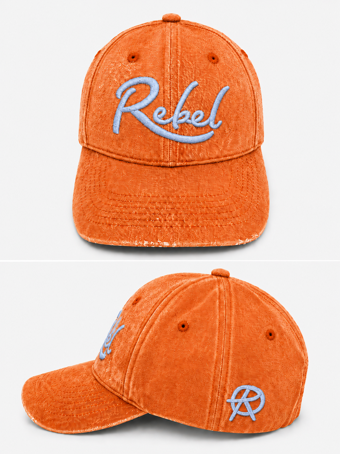 An orange washed cotton baseball cap shown from the front and side angles against a light gray background. The front features the word 'Rebel' embroidered in light blue script, and the side displays a small Anarchy inspired embroidered 'R' logo.