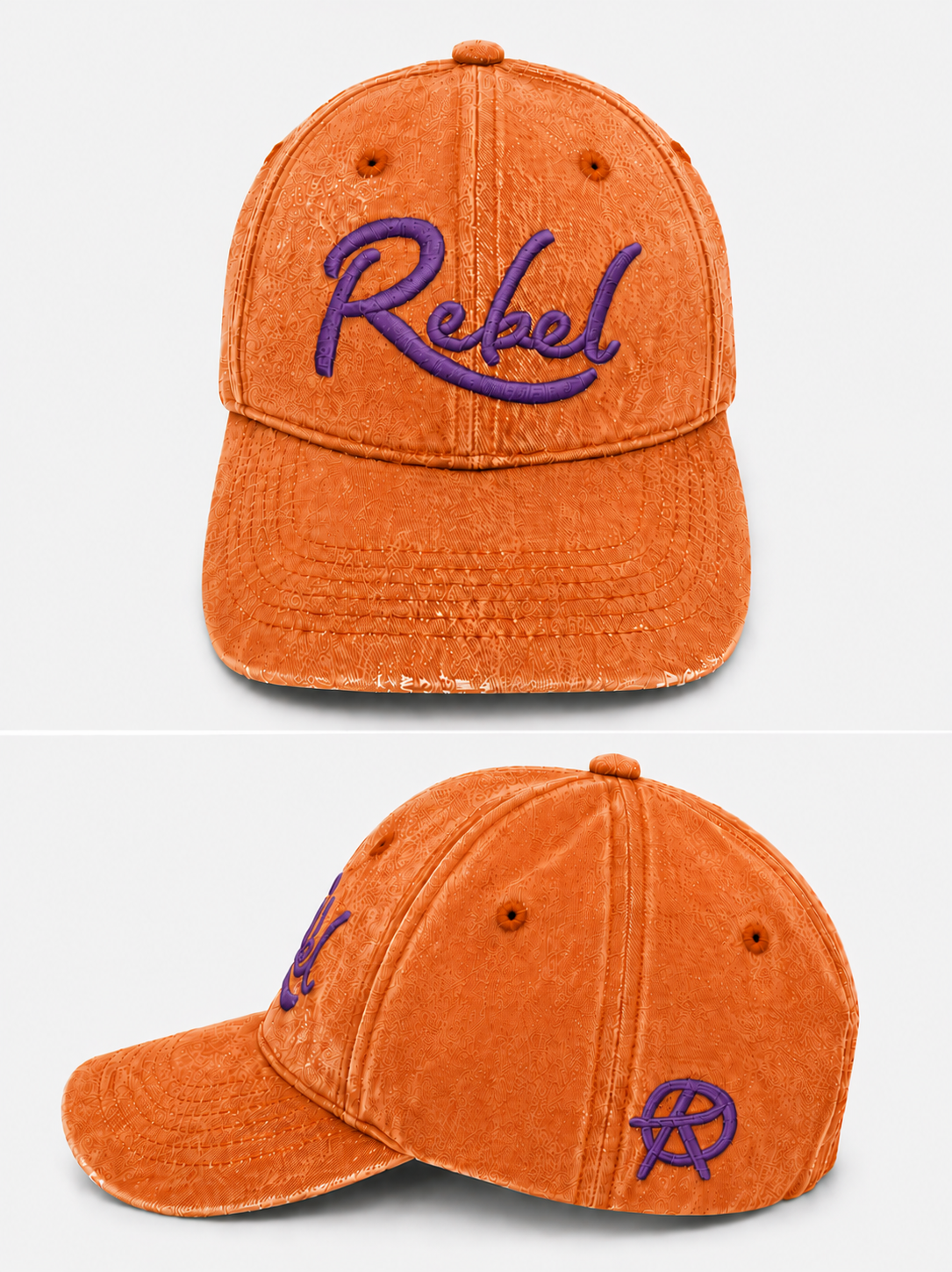 An orange washed cotton baseball cap shown from the front and side angles against a light gray background. The front features the word 'Rebel' embroidered in purple script, and the side displays a small Anarchy inspired embroidered 'R' logo.