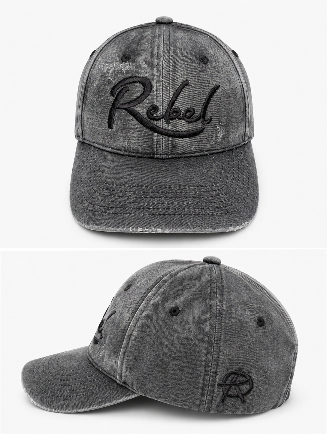 A black washed cotton baseball cap shown from the front and side angles against a light gray background. The front features the word 'Rebel' embroidered in black script, and the side displays a small Anarchy inspired embroidered 'R' logo.