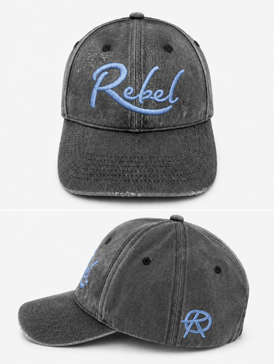 A black washed cotton baseball cap shown from the front and side angles against a light gray background. The front features the word 'Rebel' embroidered in light blue script, and the side displays a small Anarchy inspired embroidered 'R' logo.