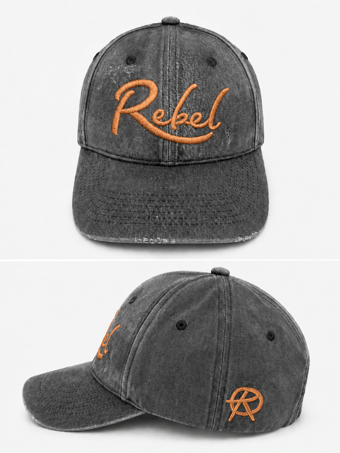 A black washed cotton baseball cap shown from the front and side angles against a light gray background. The front features the word 'Rebel' embroidered in orange script, and the side displays a small Anarchy inspired embroidered 'R' logo.