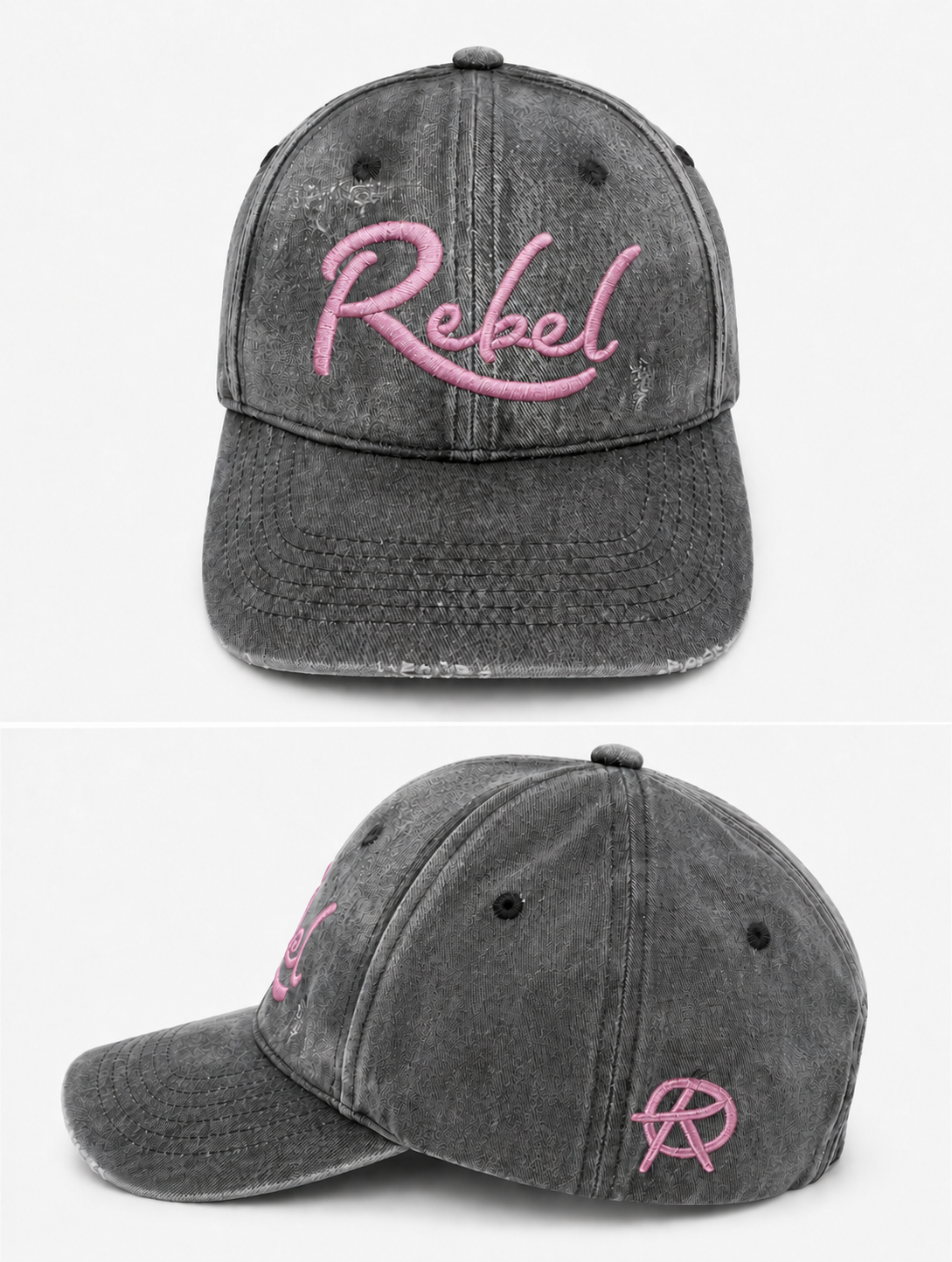 A black washed cotton baseball cap shown from the front and side angles against a light gray background. The front features the word 'Rebel' embroidered in pink script, and the side displays a small Anarchy inspired embroidered 'R' logo.
