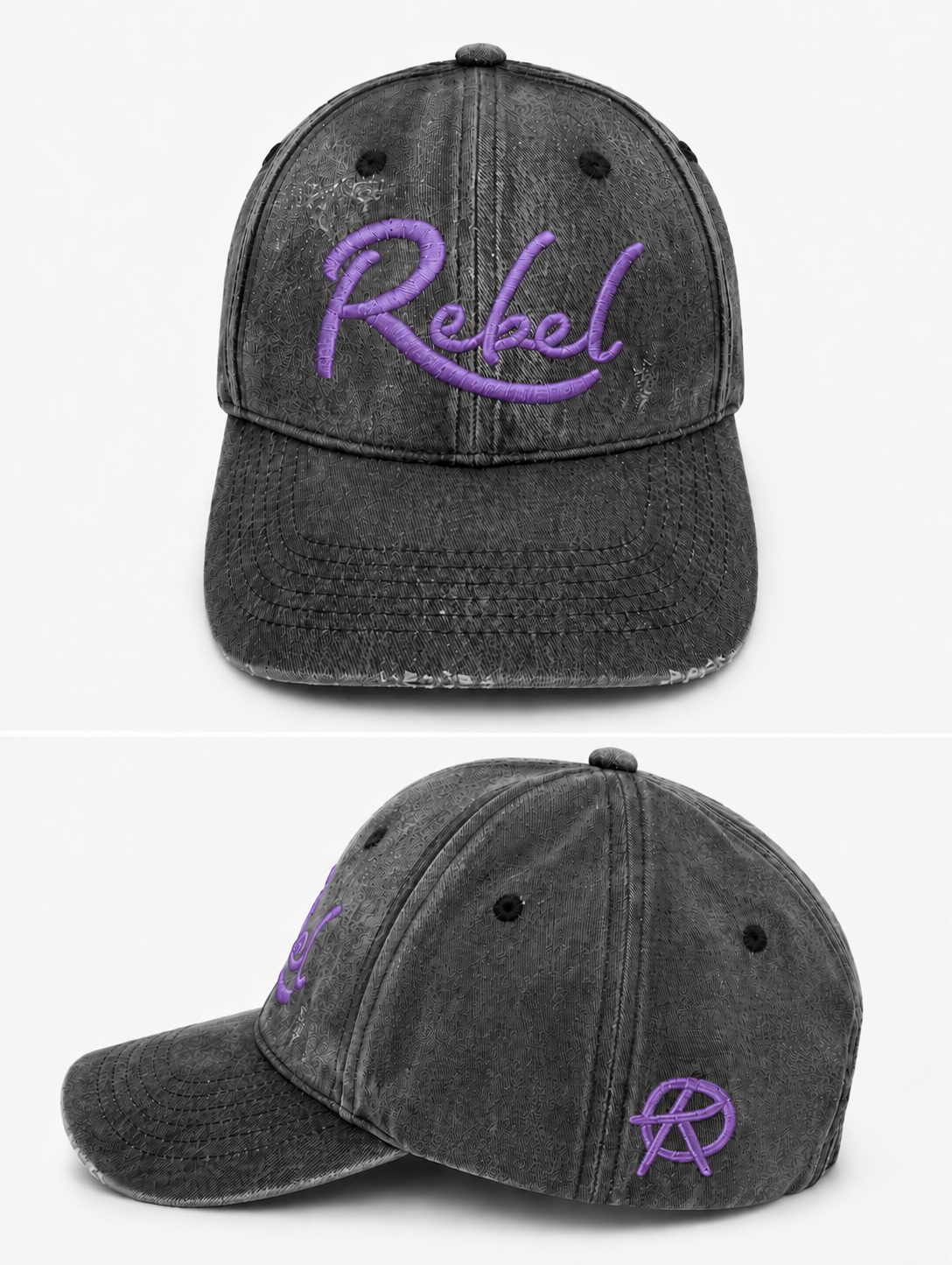 A black washed cotton baseball cap shown from the front and side angles against a light gray background. The front features the word 'Rebel' embroidered in purple script, and the side displays a small Anarchy inspired embroidered 'R' logo.